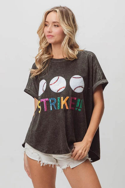 BiBi Sequin Baseballs Strike Washed Short Sleeve Top - Shop Style & More | Fresh Looks, Everyday Deals & Free Shipping
