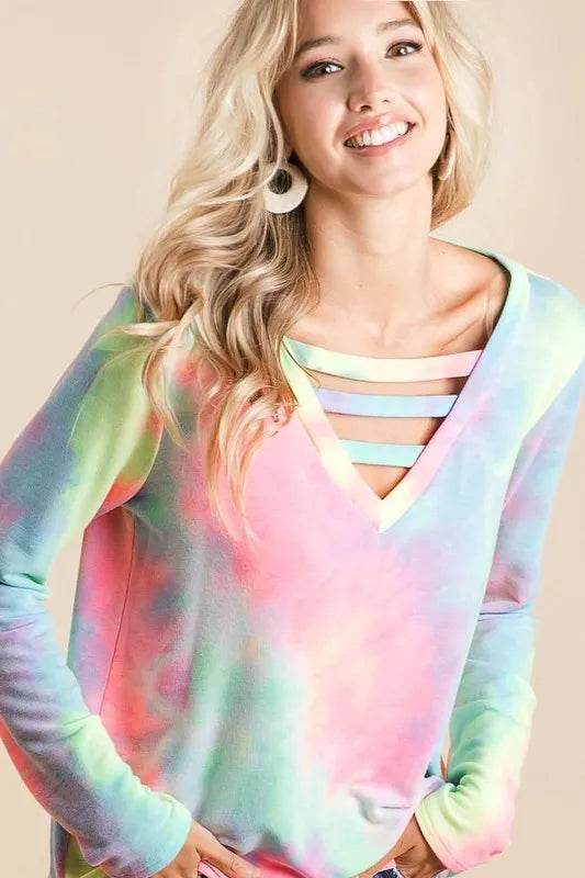 BiBi Tie Dye French Terry V-Neck Top with Strapped - Shop Style & More | Fresh Looks, Everyday Deals & Free Shipping