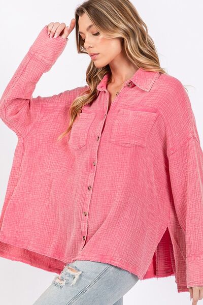 SAGE + FIG Frayed Hem Side Slit Button Down Shirt Blouses