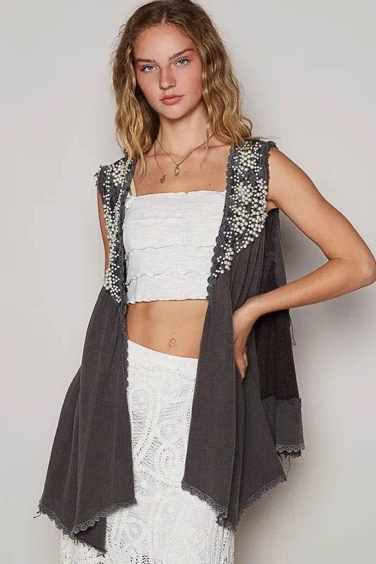 POL Embroidered Pearls Open Front Sleeveless Cardigan - Shop Style & More | Fresh Looks, Everyday Deals & Free Shipping