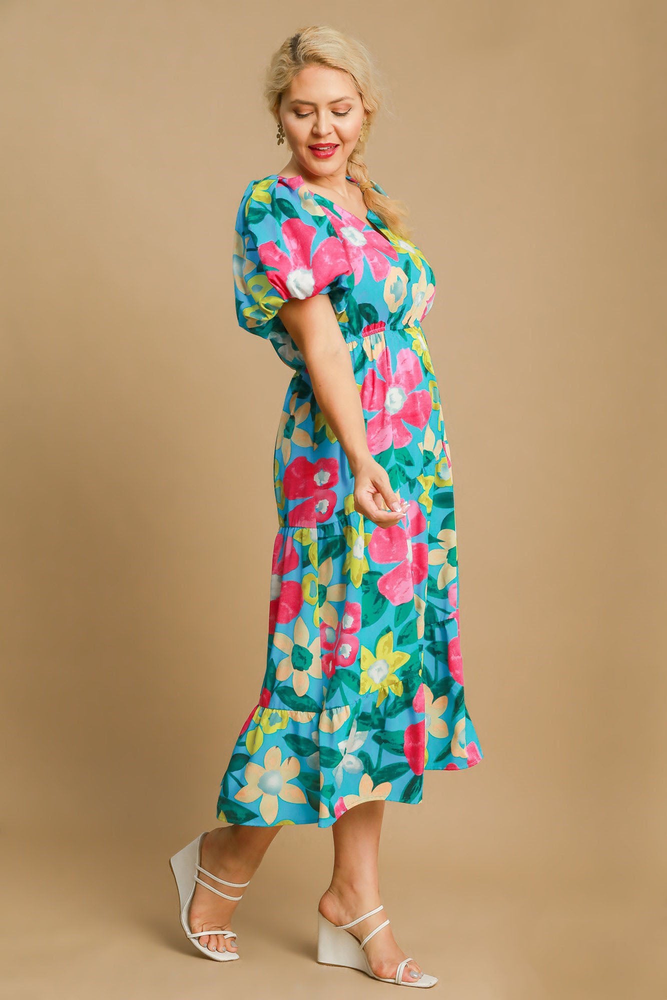 Umgee Full Size Tiered Floral Print Notched Puff Sleeve Midi Dress Plus Size Casual Dresses