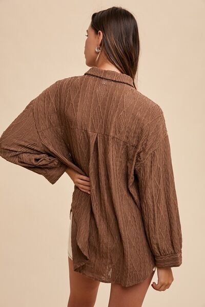 Annie Wear Openwork Button Down Drop Shoulder Shirt Blouses