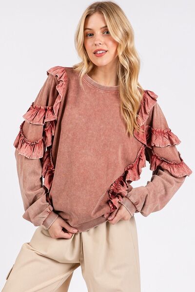 Mittoshop Ruffled Mineral Washed Round Neck Long Sleeve Sweatshirt Antique Rose Hoodies & Sweaters