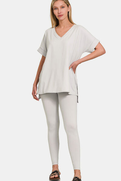 Zenana V-Neck Rolled Short Sleeve T-Shirt and Leggings Lounge Set Lt Cement Lounge Set