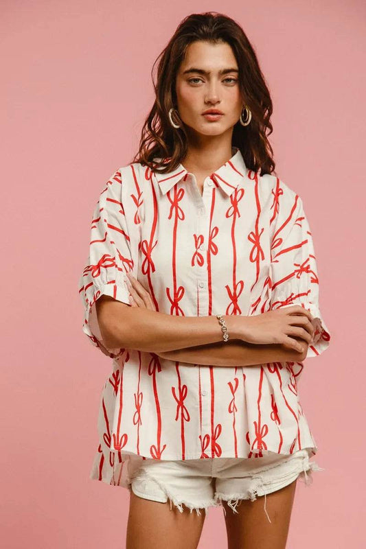 BiBi Bow Ribbon Woven Printed Button Down Shirt - Shop Style & More | Fresh Looks, Everyday Deals & Free Shipping