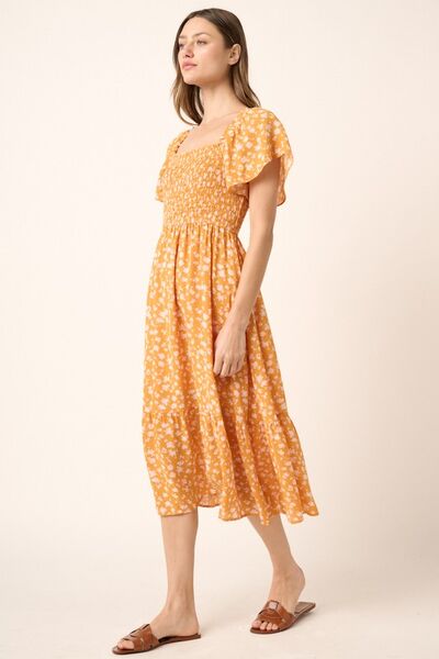 Mittoshop Flower Print Flutter Sleeve Smocked Midi Dress Casual Dresses