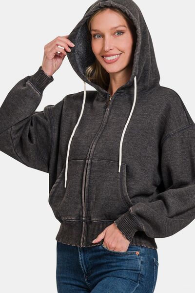 Zenana Acid Wash Fleece Zip-Up Cropped Hoodie Hoodies & Sweaters