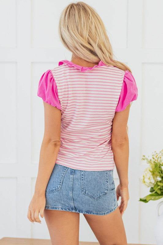 Rosie Stripe Ruffled V Neck Cap Puff Sleeve Top - Shop Style & More | Fresh Looks, Everyday Deals & Free Shipping