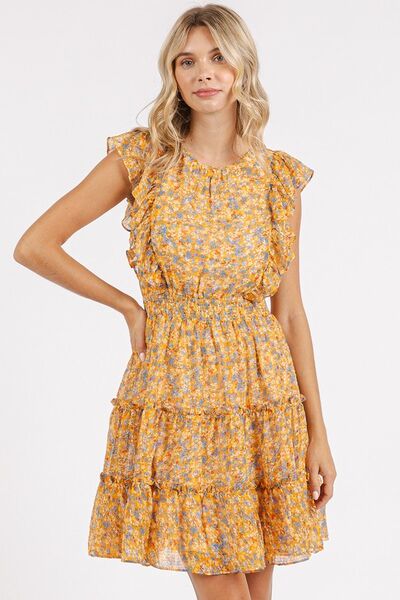 Mittoshop Ditsy Floral Print Ruffle Chiffon Mini Dress Tangerine Casual Dresses