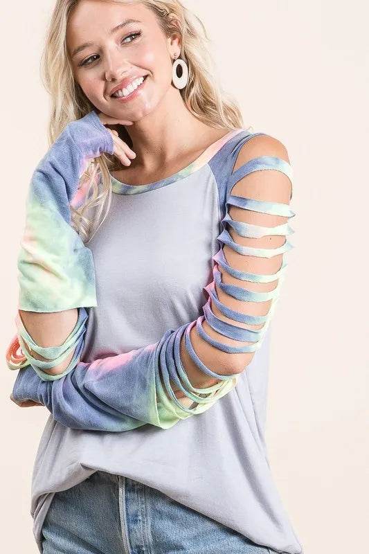 BiBi Jersey Knit Top with Tie Dye Laser Cut Sleeves - Shop Style & More | Fresh Looks, Everyday Deals & Free Shipping