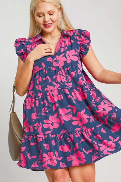 Umgee Full Size Floral Print Ruffle Cap Sleeve Tiered Dress Plus Size Casual Dresses