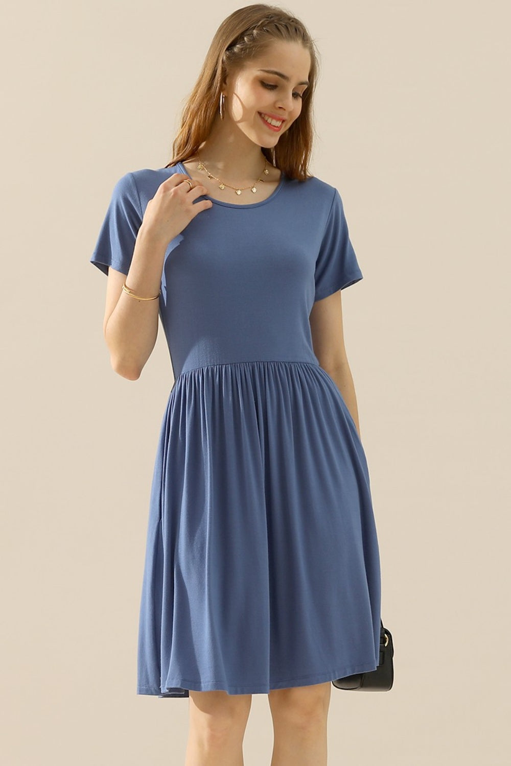 Ninexis Full Size Round Neck Ruched Dress with Pockets DENIMBLUE Cocktail Dresses