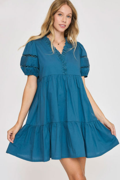 Umgee USA Full Size Lace Detail Puff Sleeve Mini Dress Plus Size Cerulean Casual Dresses