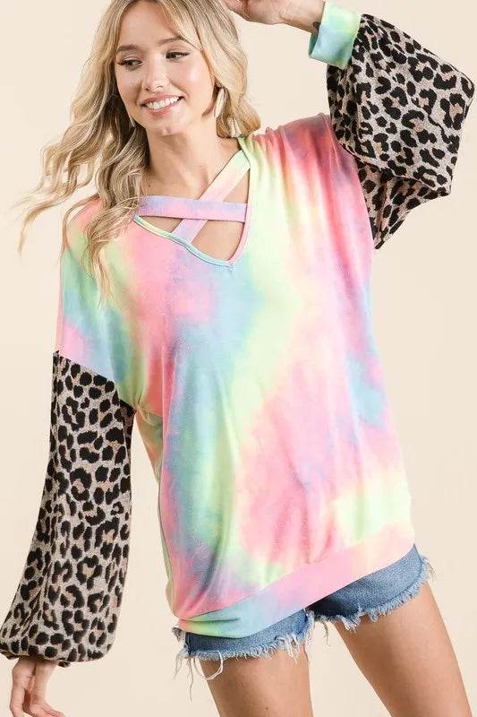 BiBi Tie Dye Terry Top with Leopard Puff Sleeves - Shop Style & More | Fresh Looks, Everyday Deals & Free Shipping