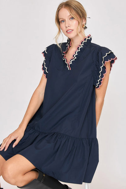 Umgee Full Size Ruffled Scalloped Sleeved Dress Plus Size Dark Navy Casual Dresses