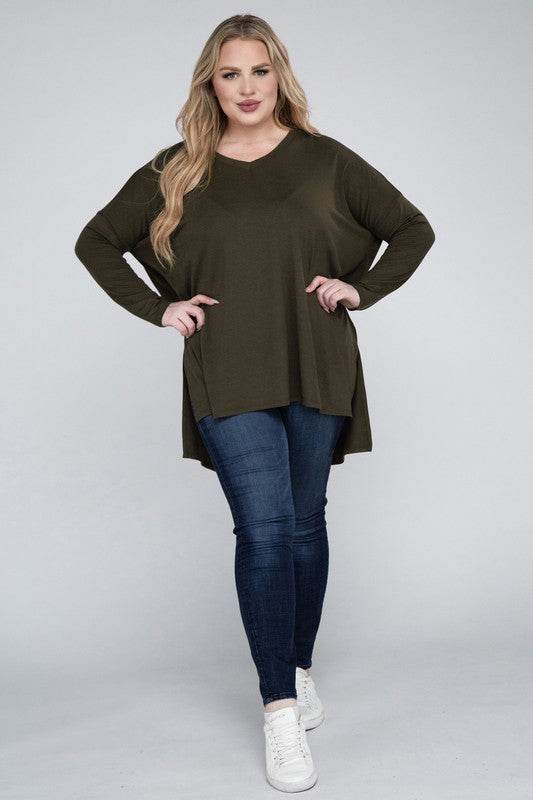 Plus Dolman Sleeve V-Neck Side Slit Hi-Low Hem Top - Shop Style & More | Fresh Looks, Everyday Deals & Free Shipping
