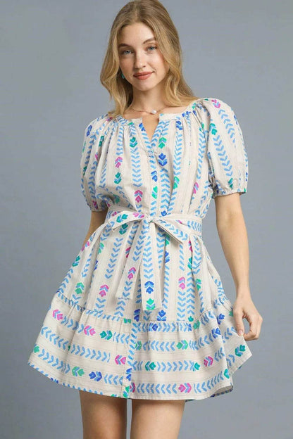 Umgee Printed Tie Waist Puff Short Sleeve Mini Dress - Shop Style & More | Fresh Looks, Everyday Deals & Free Shipping