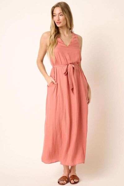 Mittoshop Cross Back Belted V Neck Tank Maxi Dress Casual Dresses