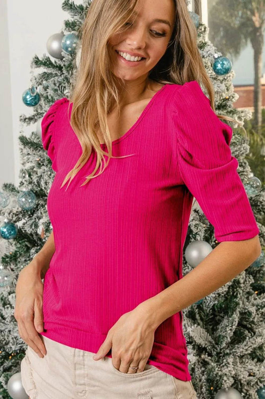 BiBi Verigated Rib Knit Puff Sleeves Shorts Top - Shop Style & More | Fresh Looks, Everyday Deals & Free Shipping