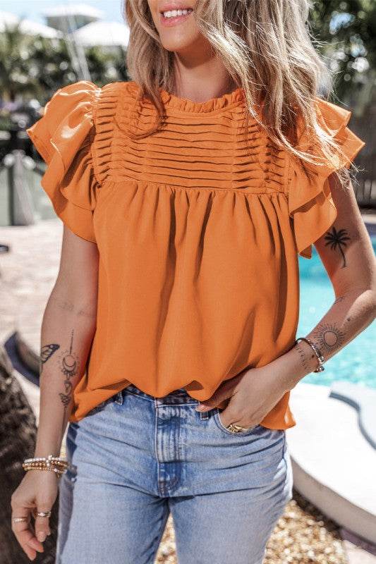 Dayana Ruffled Flutter Sleeve Pleated Blouse - Shop Style & More | Fresh Looks, Everyday Deals & Free Shipping