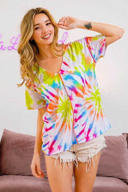 BiBi Tie Dye Print Jersey Stitched V Neck Top - Shop Style & More | Fresh Looks, Everyday Deals & Free Shipping