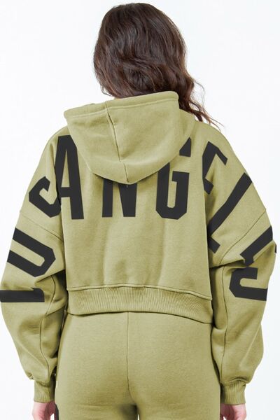 American Bazi Letter Graphic Long Sleeve Drawstring Cropped Hoodie Yellow-Green Hoodies & Sweaters