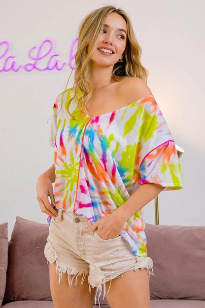 BiBi Tie Dye Print Jersey Stitched V Neck Top - Shop Style & More | Fresh Looks, Everyday Deals & Free Shipping
