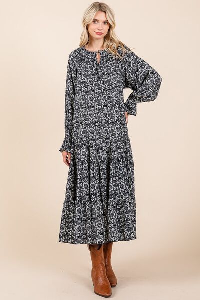 Mittoshop Printed Tie Neck Flounce Sleeve Midi Dress Casual Dresses