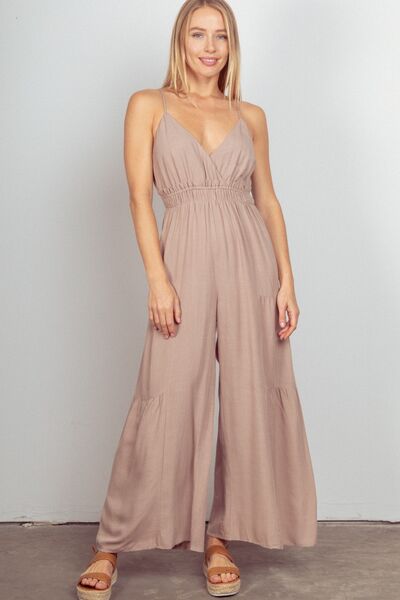 VERY J Sleeveless Ruched Wide Leg Jumpsuit Natural Jumpsuits