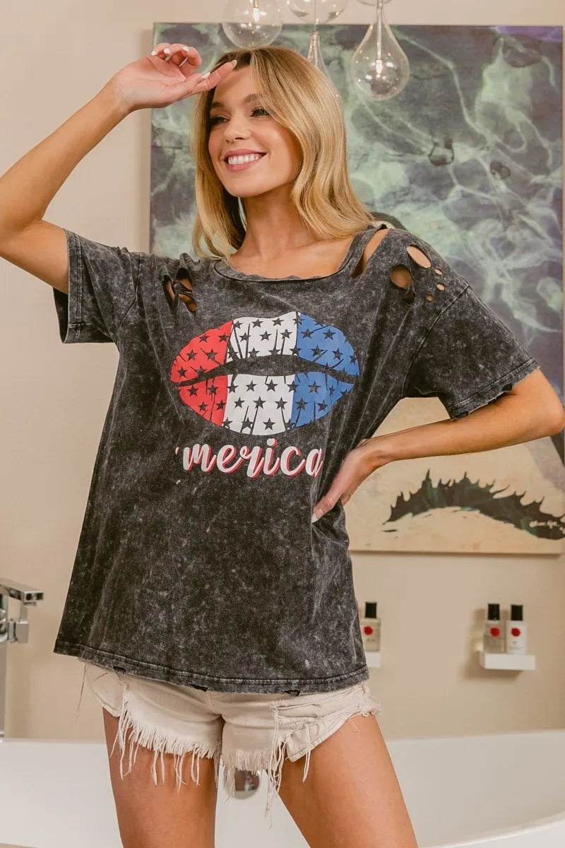 BiBi Laser Cut Mineral Washed Old Glory Lip Print Top - Shop Style & More | Fresh Looks, Everyday Deals & Free Shipping