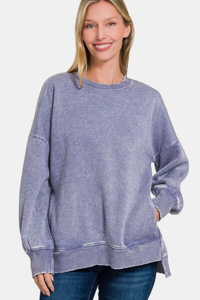 Zenana High-Low Acid Wash Fleece Sweatshirt Hoodies & Sweaters