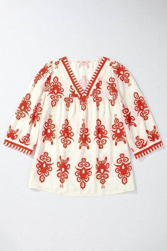 Vintage Geometric Printed V Neck Blouse - Shop Style & More | Fresh Looks, Everyday Deals & Free Shipping