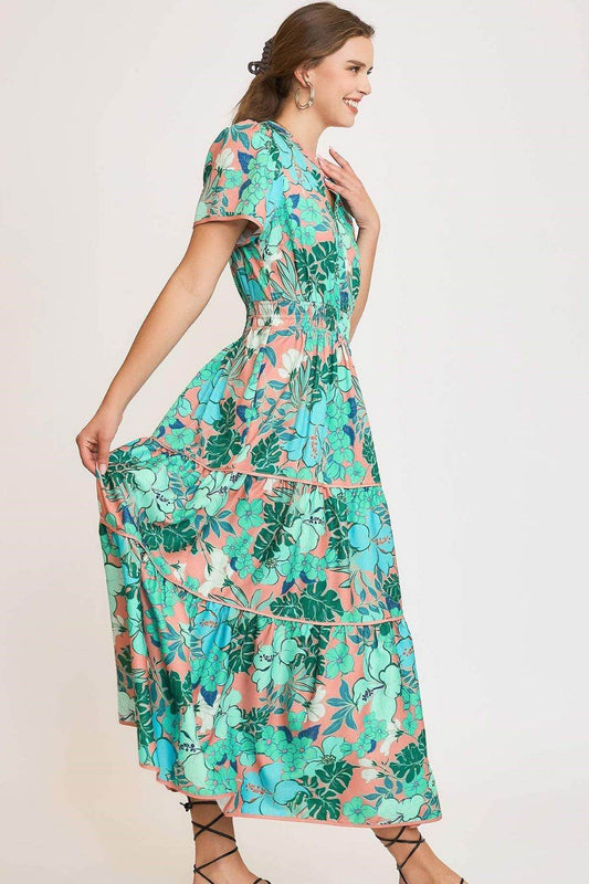 Umgee Full Size Printed Notched Short Sleeve Tiered Dress Plus Size - Shop Style & More | Fresh Looks, Everyday Deals & Free Shipping