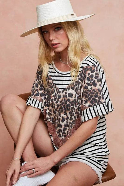 BiBi Stripe Rayon Span Knit Color Block Top With Leopard - Shop Style & More | Fresh Looks, Everyday Deals & Free Shipping