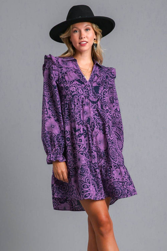 Umgee Full Size Ruffled Printed Piping Detail Long Sleeve Dress Plus Size - Shop Style & More | Fresh Looks, Everyday Deals & Free Shipping