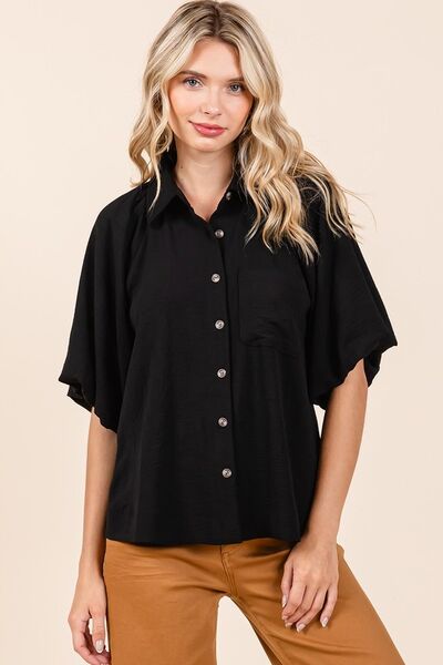 Mittoshop Airflow Short Bubble Sleeve Button Down Shirt Black Blouses