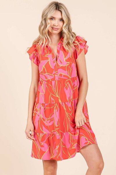 Mittoshop Leaf Print Ruffle Sleeve Tiered Mini Dress Coral Casual Dresses