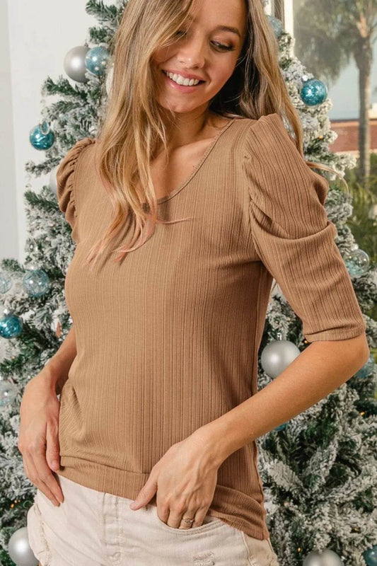 BiBi Verigated Rib Knit Puff Sleeves Shorts Top - Shop Style & More | Fresh Looks, Everyday Deals & Free Shipping