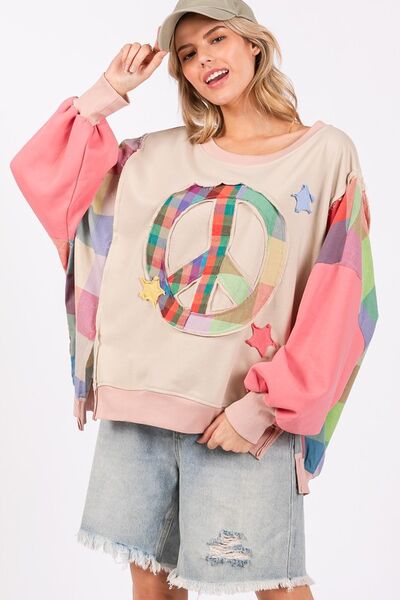 SAGE + FIG Full Size Contrast Peace Patch Dropped Shoulder Sweatshirt Coral Multicolor Hoodies & Sweaters