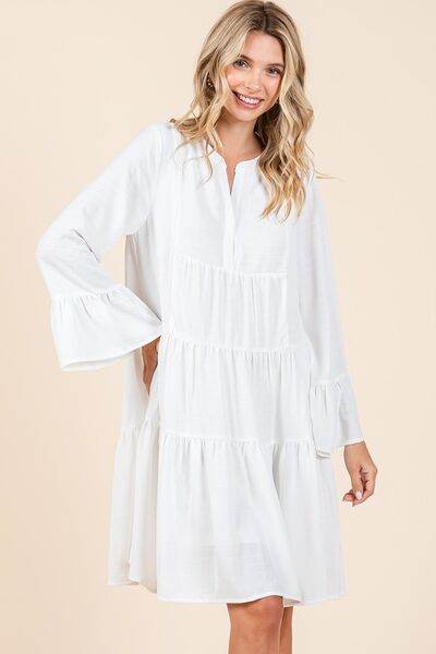 Mittoshop Tiered Notched Flare Sleeve Dress - Shop Style & More | Fresh Looks, Everyday Deals & Free Shipping