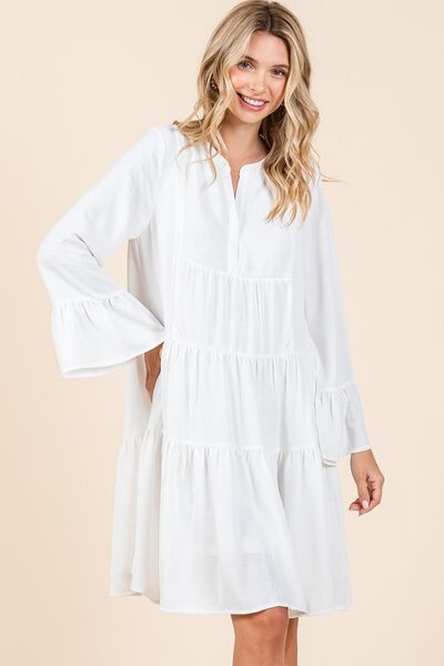 Mittoshop Tiered Notched Flare Sleeve Dress Ivory Casual Dresses