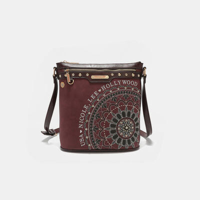 Nicole Lee USA Metallic Stitching Embroidery Inlaid Rhinestone Crossbody Bag Wine One Size Bags