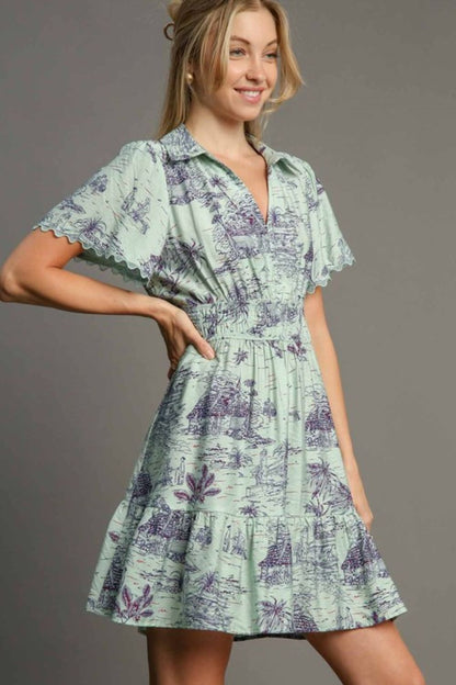 Umgee Full Size Landscape Print Collared Mini Dress Plus Size Light Green Casual Dresses