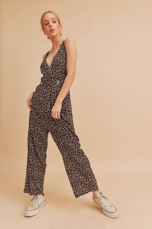 Aemi + Co Ditsy Floral Surplice Sleeveless Wide Leg Jumpsuit - Shop Style & More | Fresh Looks, Everyday Deals & Free Shipping