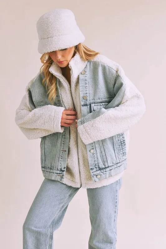 Aemi + Co Denim Washed Drop Shoulder Sherpa Fake Two Pieces Jacket - Shop Style & More | Fresh Looks, Everyday Deals & Free Shipping