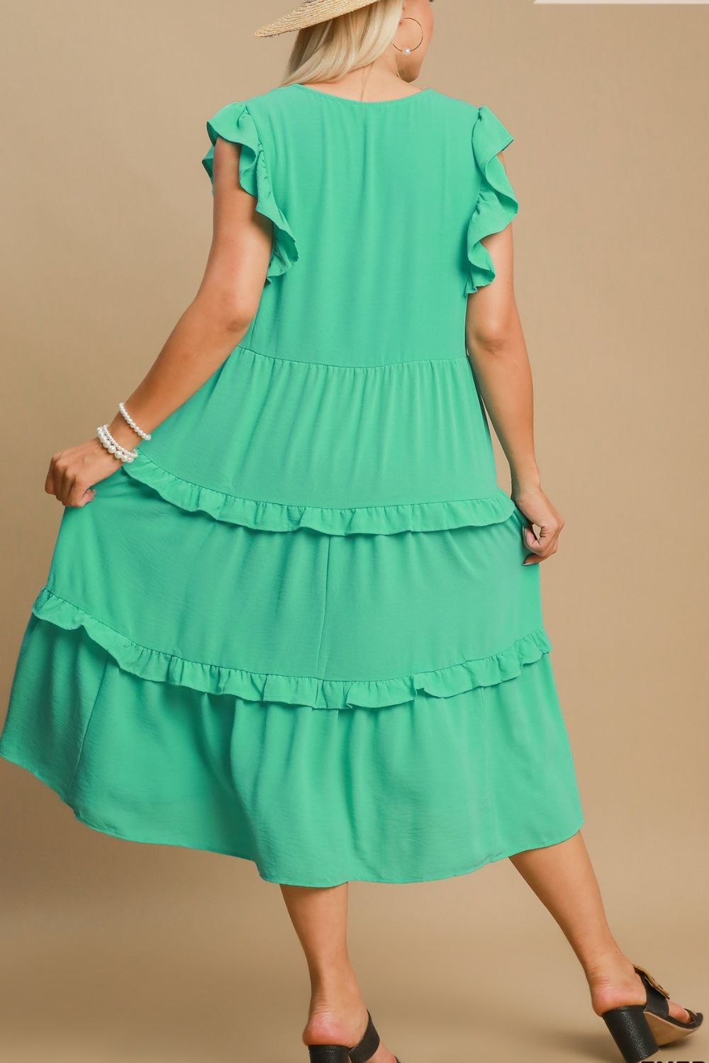 Umgee Full Size Ruffle Tiered Cap Sleeve Midi Dress Plus Size Casual Dresses