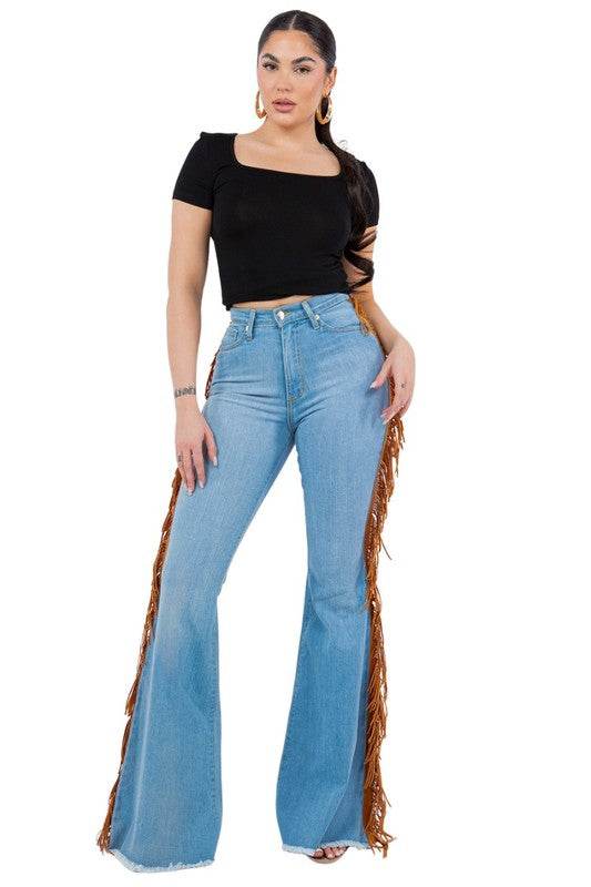 Fringe Bell Bottom Jean in Light Wash- Inseam 30 - Shop Style & More | Fresh Looks, Everyday Deals & Free Shipping