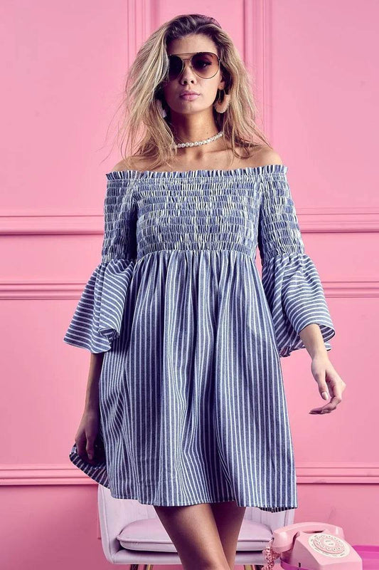 BiBi Smocked Off Shoulder Striped Dress - Shop Style & More | Fresh Looks, Everyday Deals & Free Shipping