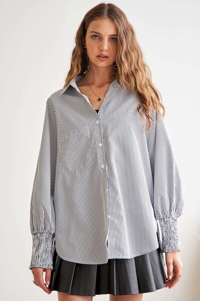 ADORA High-Low Striped Button Down Smocked Lantern Sleeve Shirt Blouses