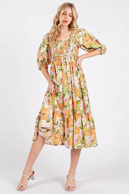 Mittoshop Flower Print Puff Sleeve Ruffle Smocked Midi Dress - Shop Style & More | Fresh Looks, Everyday Deals & Free Shipping